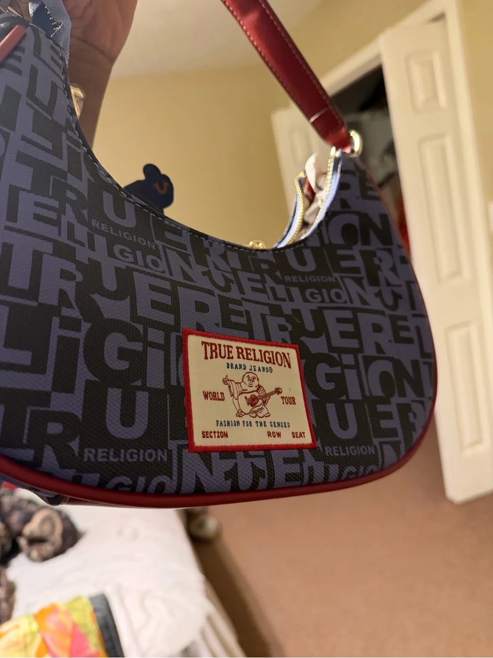 True Religion Horseshoe Blue & Red Logo Saddle Shoulder Bag with charms